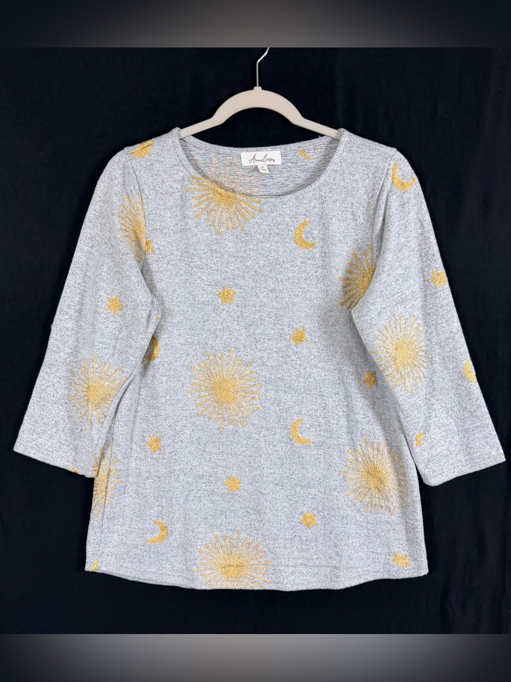 Gray Crewneck Sweater with Gold Celestial embroidered Motif witch whimsical